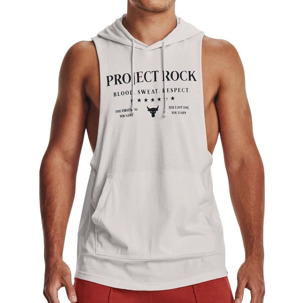 $50 UNDER ARMOUR PROJECT ROCK SLEEVELESS HOODIE 1382279-114 WHITE CLAY/BLACK 2XL